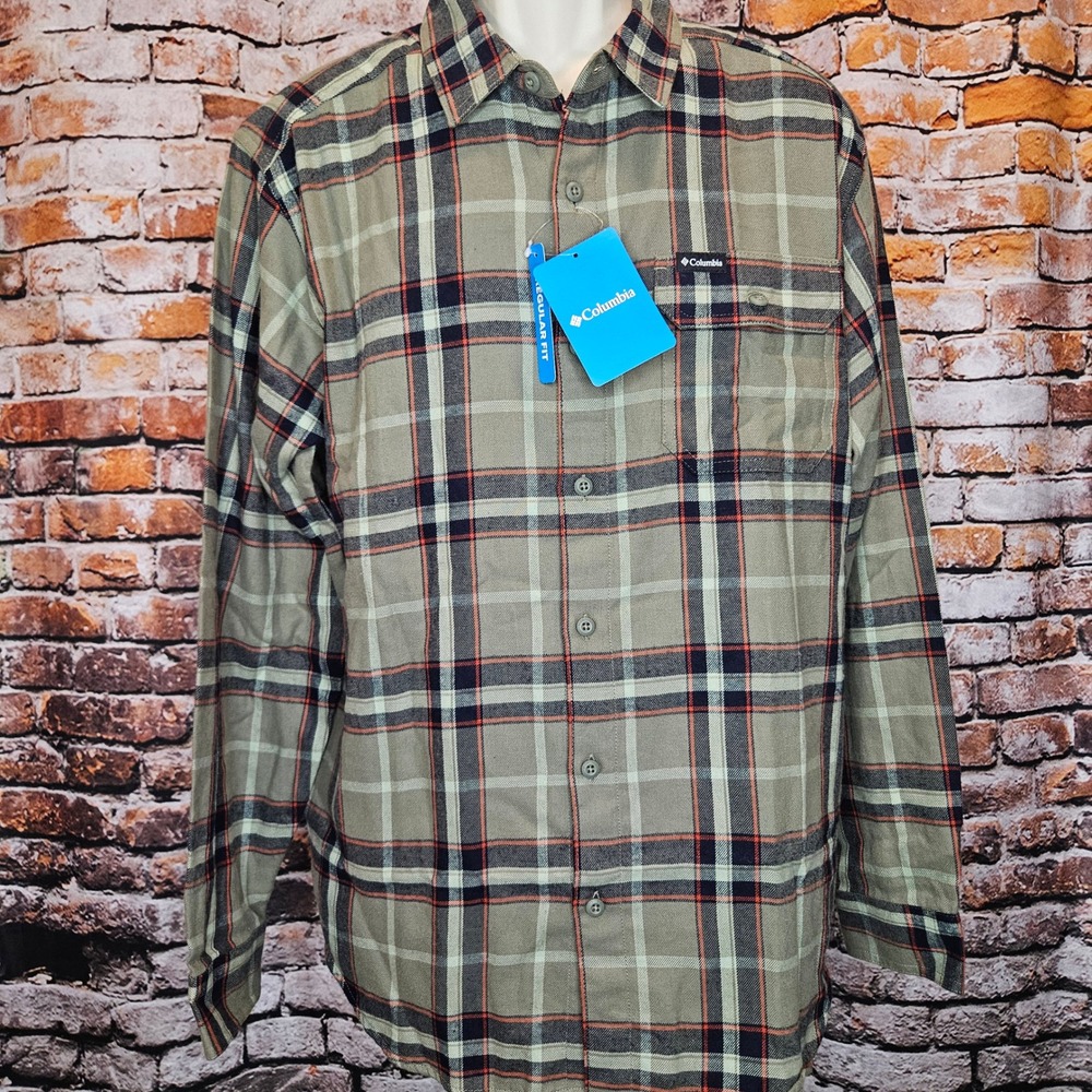 NWT Columbia Red Rapids Mens Medium Green Orange Plaid Flannel Shirt Long Sleeve